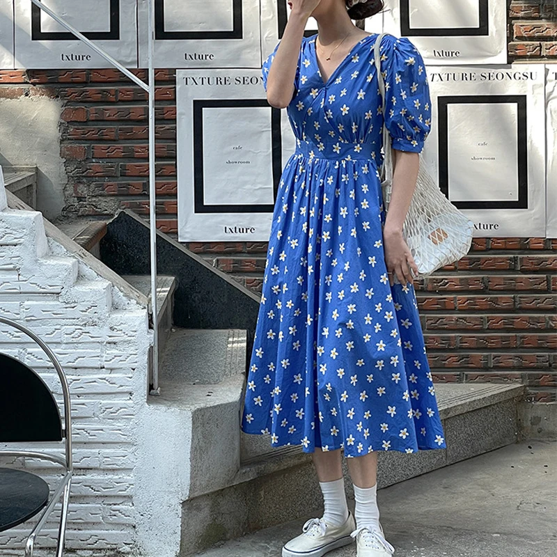 

Summer 2022 Clothes Women Casual Print V-Neck Short Sleeve Loose Maxi Long Dress Female