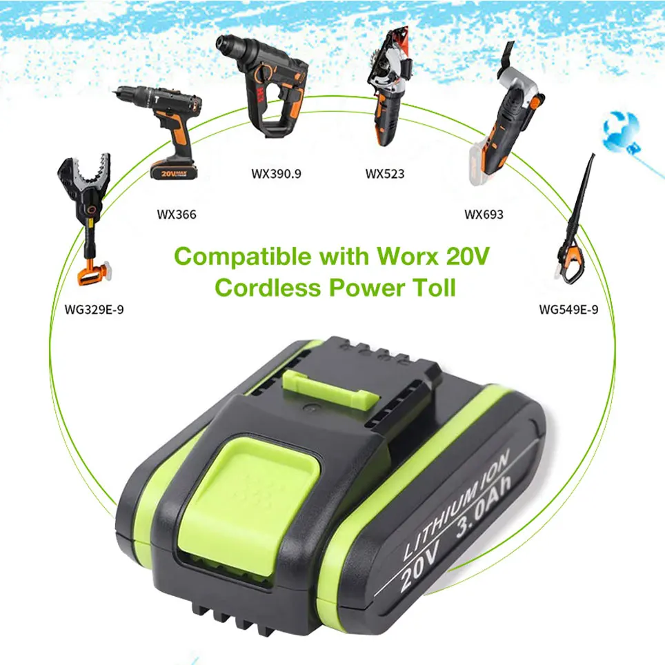 

2022 3000 мАч 20 в для электроинструментов Worx WX386 WX678 WG169E WA3551 WA3553 WX390 WX176 литий-ионная аккумуляторная батарея