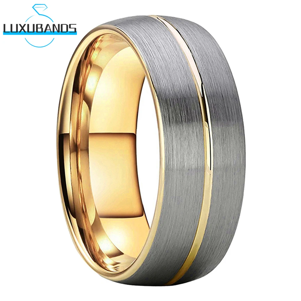 

8mm 6mm Gold Rose Tungsten Carbide Men Wemen's Wedding Band Center Grooved Engagement Domed Ring Brushed Finish Comfort Fit