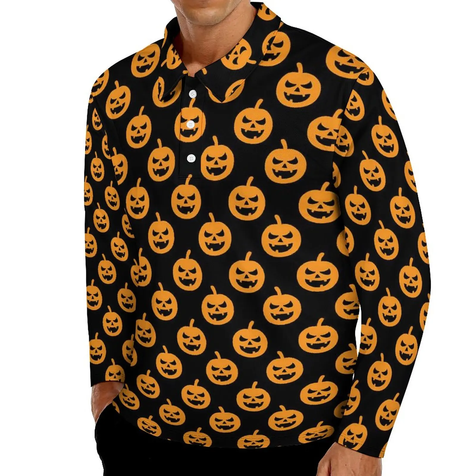 

Pumpkin Casual Polo Shirts Spooky Halloween T-Shirts Long Sleeve Printed Shirt Spring Trending Oversized Tops Gift Idea