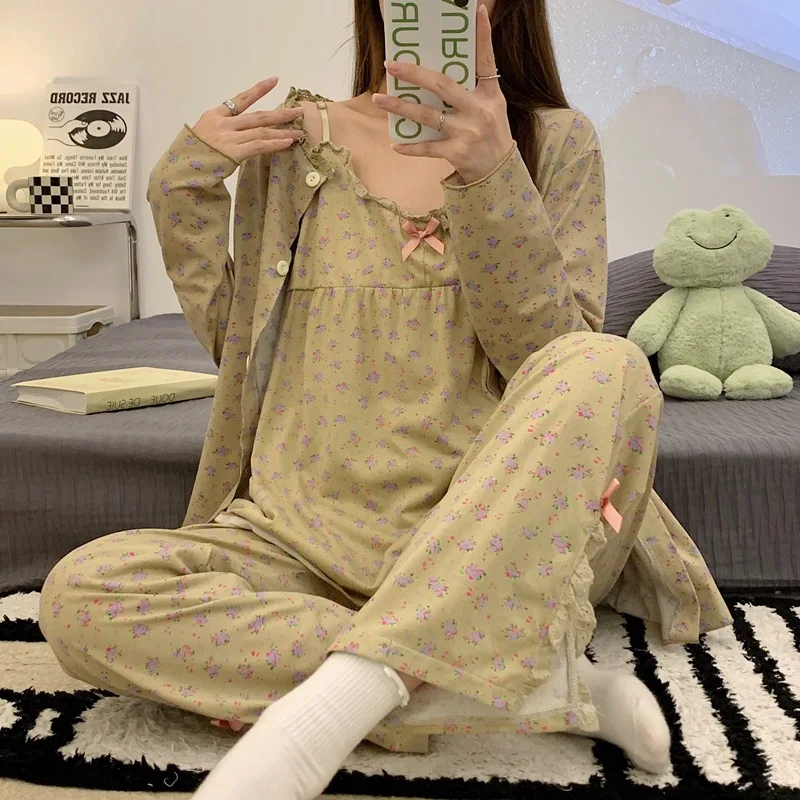 

Fdfklak 3Pcs Fashion Sleepwear Pyjamas Suits Floral Printed Pajamas Set 2022 Autumn New Long Sleeve Nightwear Pijama