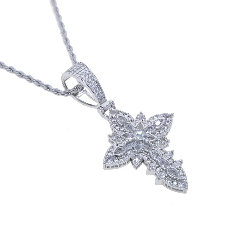 Bling Cz Cubic Zirconia Paved Flower Иисус Крест Хип-Хоп Подвеска Мужское Ожерелье Веревочная