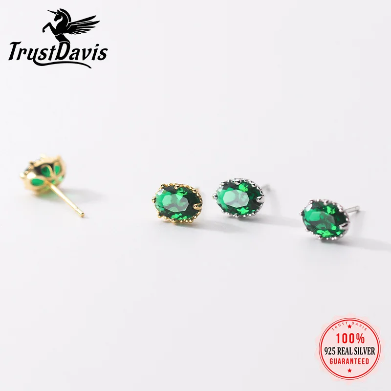 

TrustDavis Real Sterling Silver Fashion Ellipse Green CZ Stone Charm Stud Earrings For Women Wedding Party Fine Jewelry DB1406