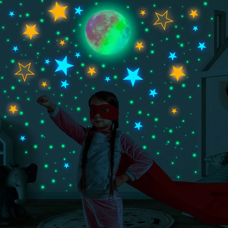 

444pcs Colorful Luminous Stickers Pink Blue Green XINGX Dot Rainbow Color Moon Bedroom Children's Room Wall Stickers