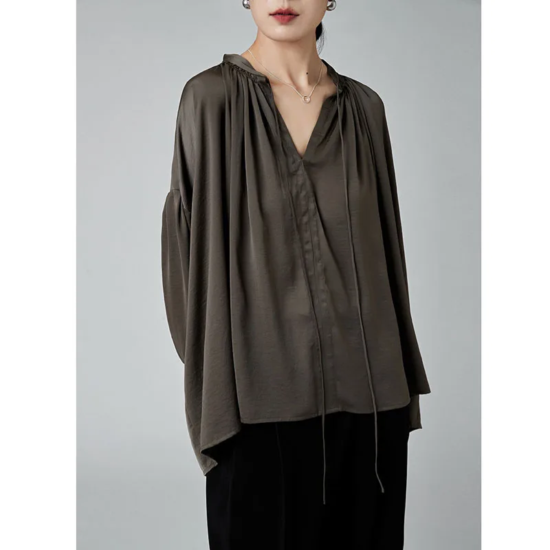 2023 Retro Viscose Pullover Shirt Women Autumn Lantern Sleeve Japanese Imitation Silk French Top Breathable Drop Shoulder Loose enlarge