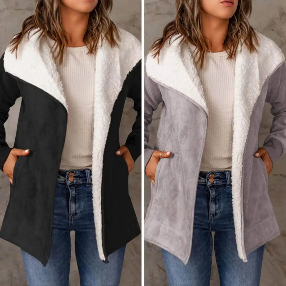

Open Stitch Overcoat Plush Lapel Mid Length Lady Cardigan Jacket with Elastic Cuff Pockets for Fall Winter Solid Color Warm