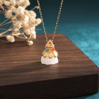 ancient gold plated hetian jade retro lotus pendant necklaces for women china style jewelry send elder mother girl birthday gift