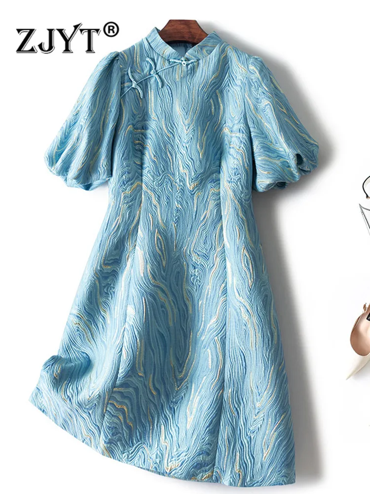 

ZJYT Elegant Lantern Sleeve Cheongsam Jacquard Dress Women Summer Fashion Designer Vintage Casual Above Knee Vestidos Female