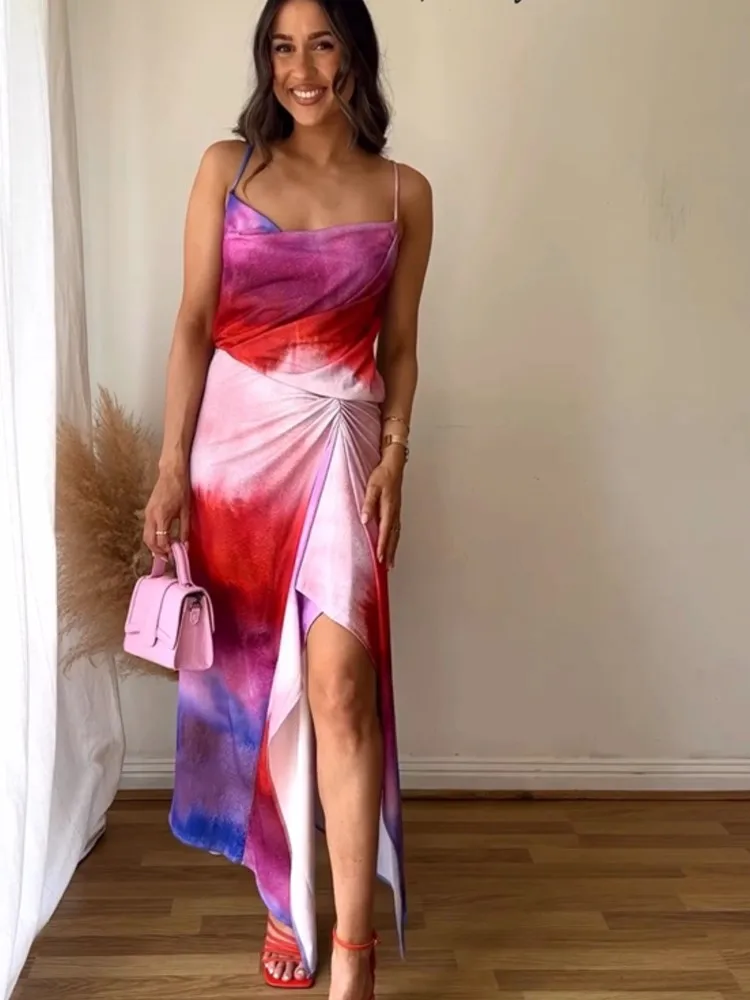 

Элегантное Плиссированное Платье с принтом на бретельках, летние женские платья с открытой спиной и разрезом сбоку до щиколотки, женские пляжные платья