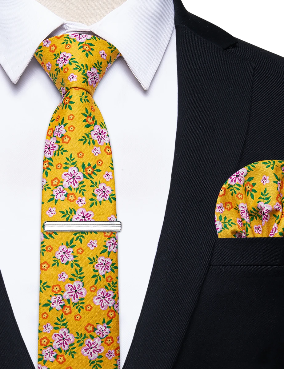 Bright Yellow Tie for Man Purple Orange Floral Necktie Pocket Square Clip Fashion Men's Neckwear Free Shipping corbatas para hom