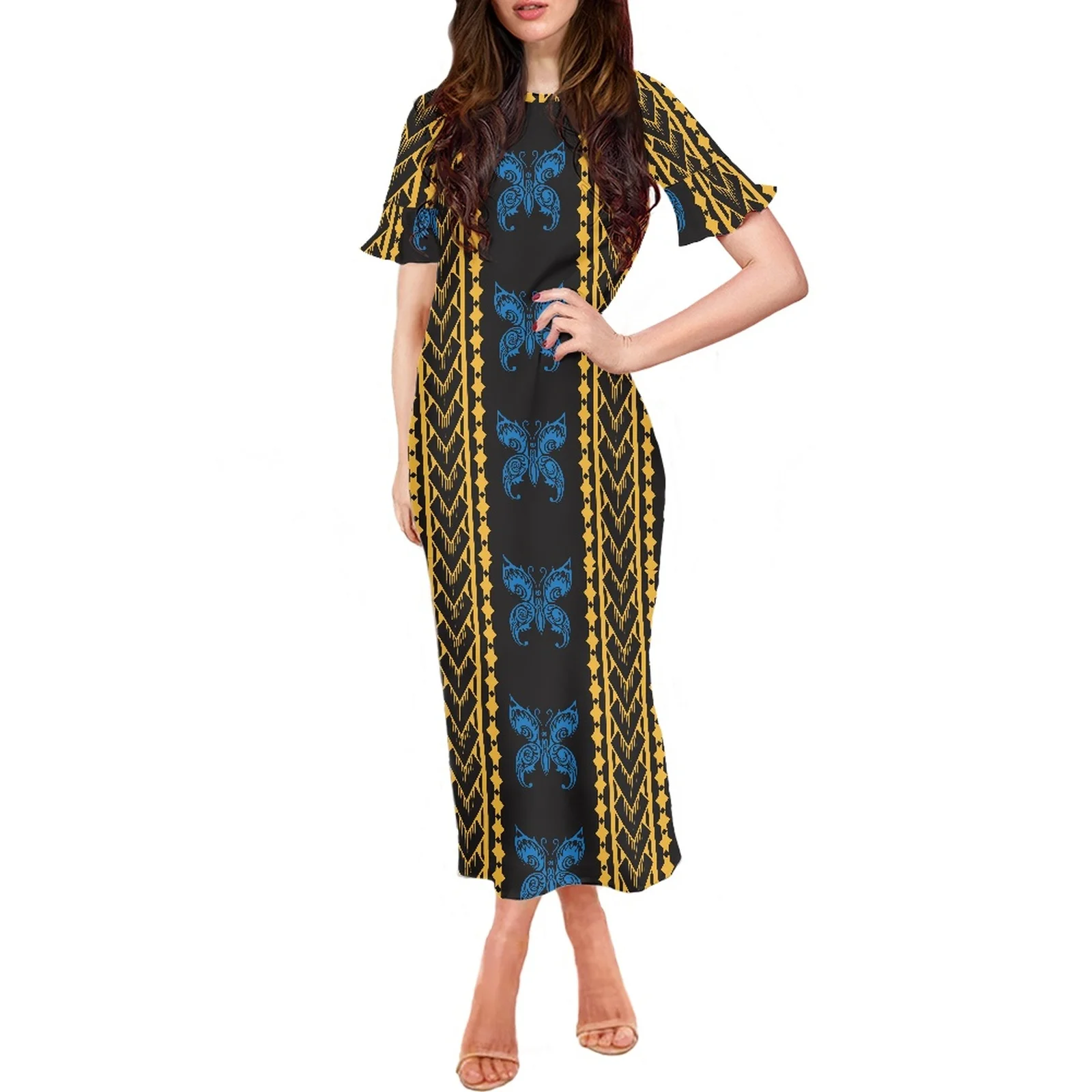 

Samoa Hawaii 4XL Short Ruffle Sleeve O-Neck Sexy New Long Dress Chic And Elegant Woman Dress Summer Fashion Party Clothing