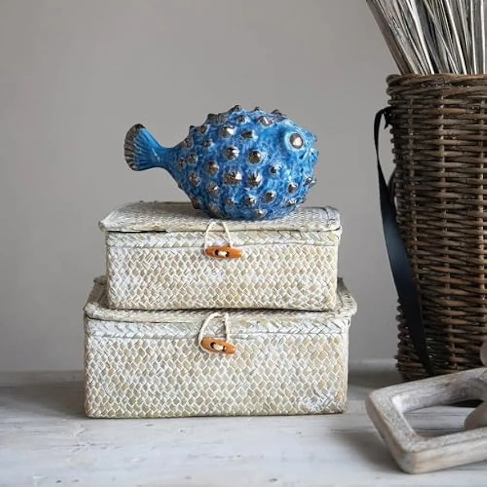 

Creative Co-Op Hand-Woven Seagrass Boxes with Lids & Toggle Closure, Whitewashed, Set of 2