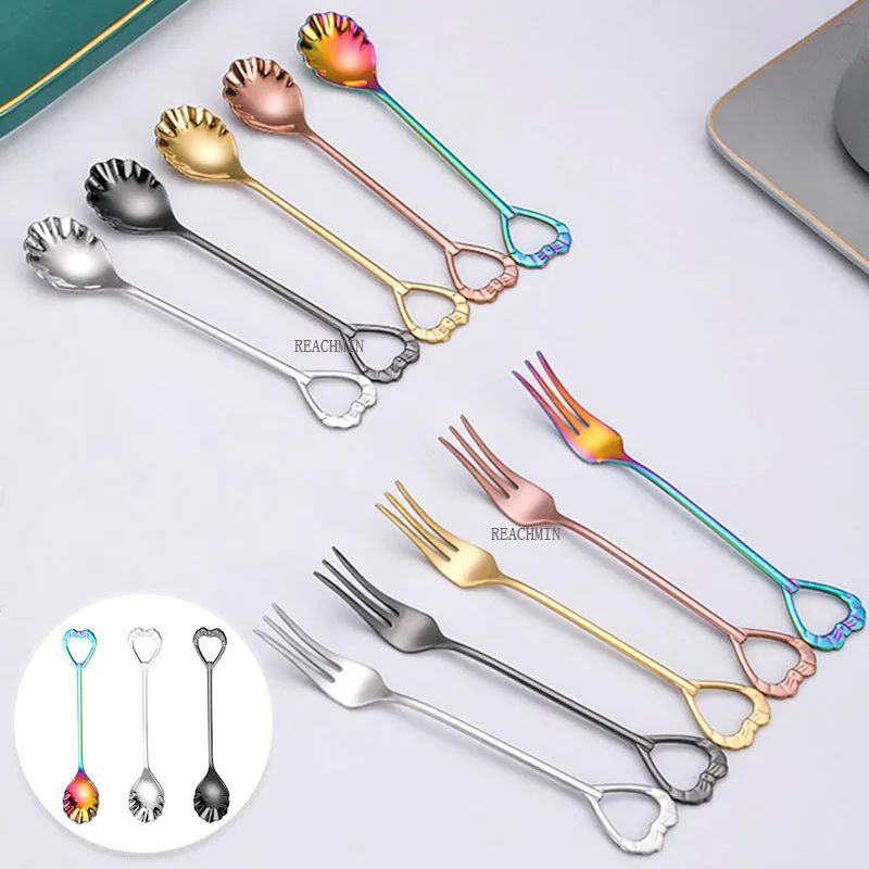 

Stainless Steel Shell Shape Spoon Fork Set Teaspoons Coffee Spoons Ice Cream Sugar Dessert Spoons Tableware Kitchen Accessories