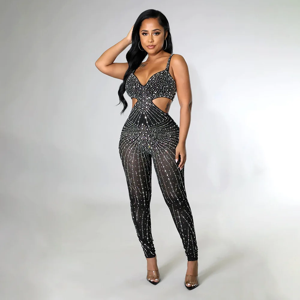 

Beautiful Crystal Sexy Jumpsuit Gown (Black) Sparkle Hollow Out Sequin Skinny Mesh Romper One Piece Overalls Party Clubwear