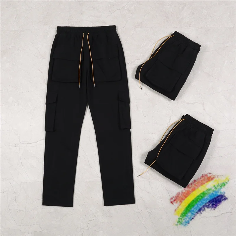 

Black RHUDE Overalls Men Women 1:1 High Quality Zipper Pocket RHUDE Cargo Pants Buttoned Hem Retro Multi Pockets Trousers
