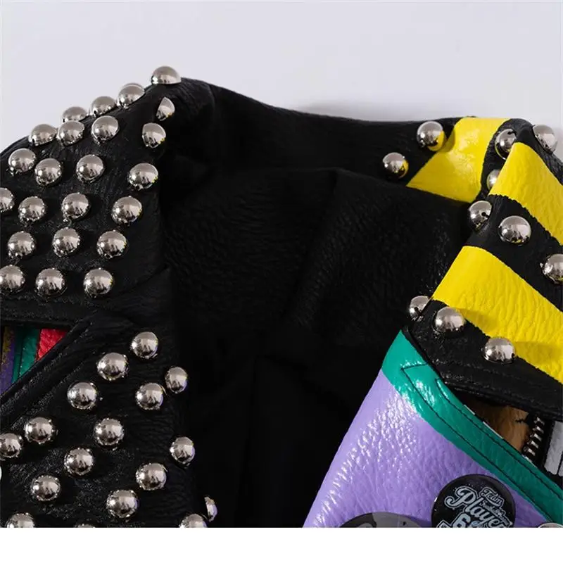 Women's spring and autumn new street hip-hop rock punk style personality girl pattern graffiti print badge rivet leather jacket