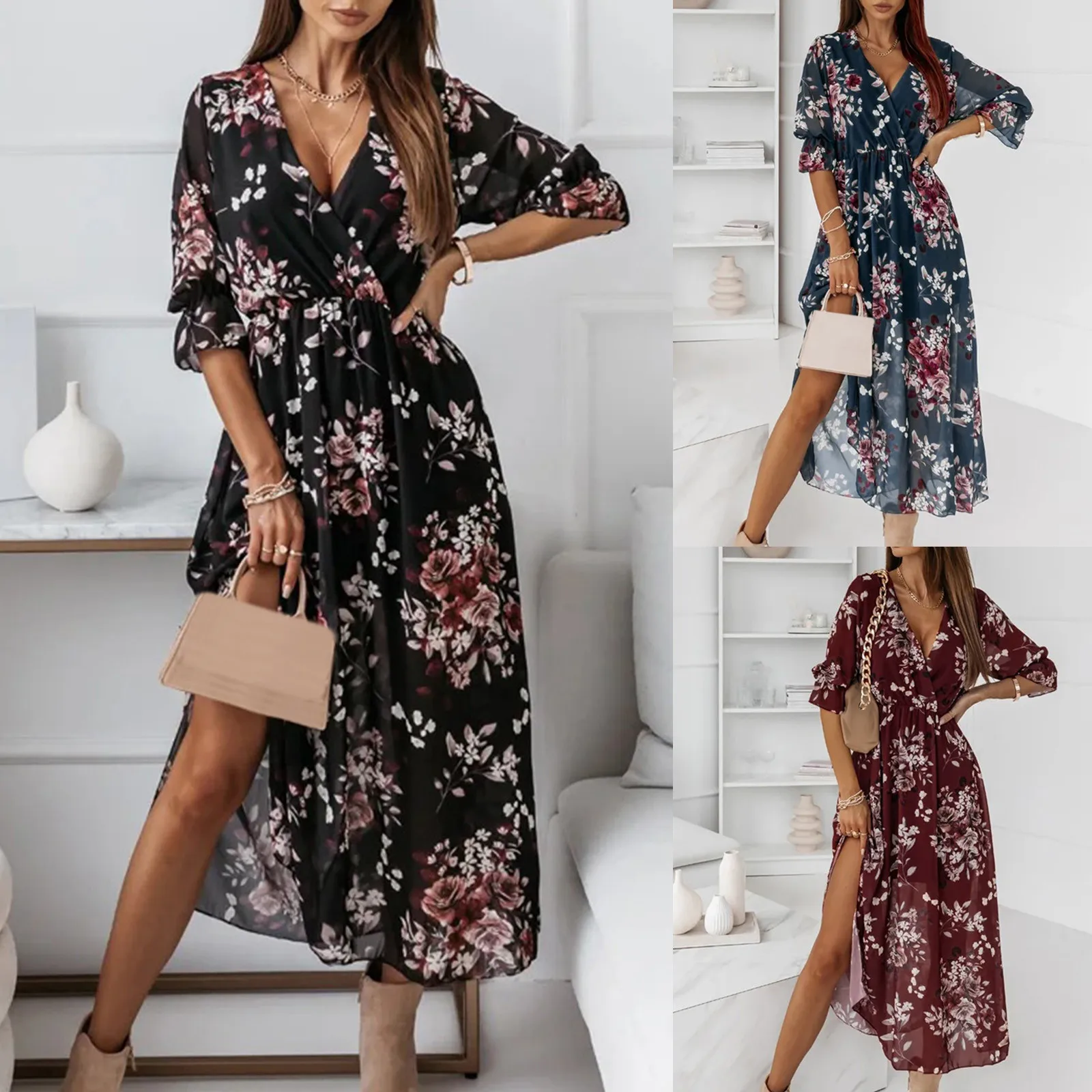 

Women's Summer Floral Printed Dresses Casual V Neck Boho Flowy Sun Dresses Long Sleeve Dress Line Dresses Women