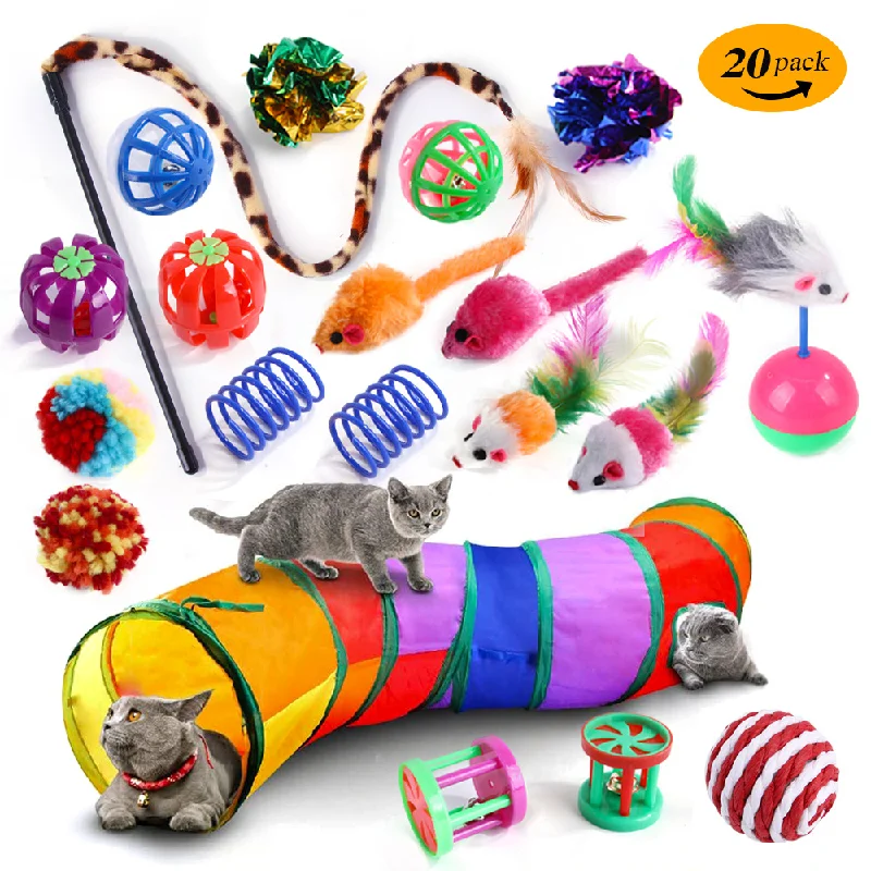 

For Cat Toy Set Tunnels Teaser Stick Replaced Feathers Spring Ball Mouse Accompany Interactive Plush Toys Pet Supplies for Kitty