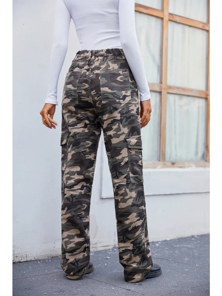 2023 Summer New Women Camouflage Denim Trousers Wide Leg Pants Female Mid Waist Multiple Pockets Trouser Cargo Pants Loose Jeans