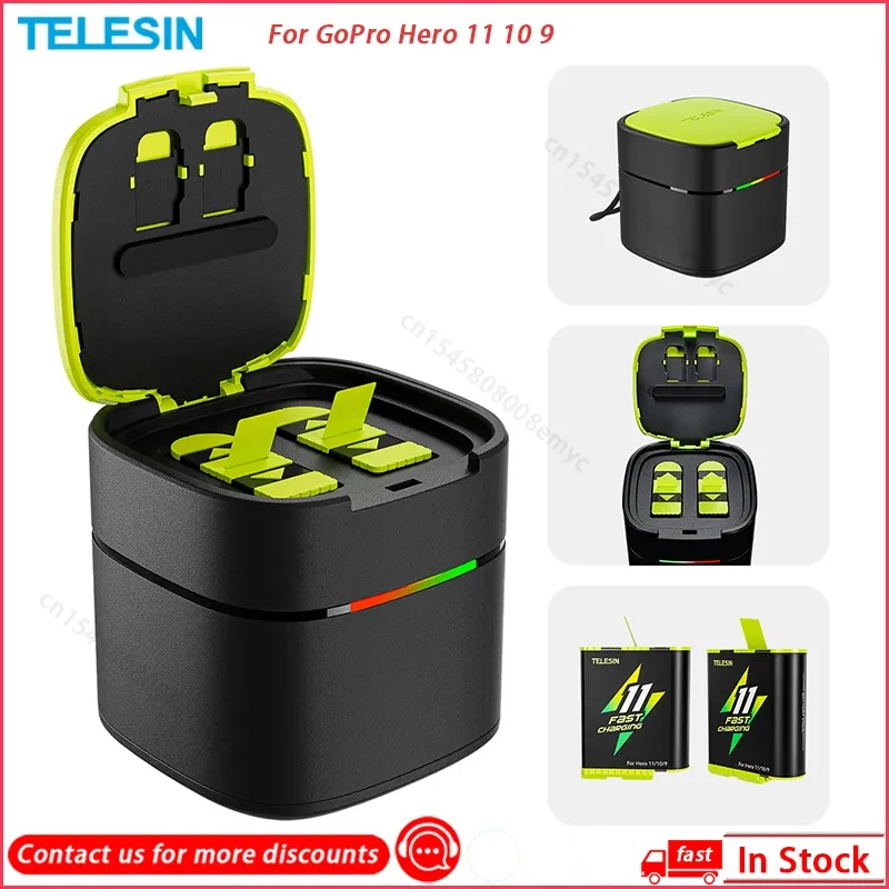 

TELESIN Fast Charging Battery For GoPro Hero 11 10 9 1750 mAh Battery 2 Ways 2A Fast Charger Box TF Card Storage For Gopro