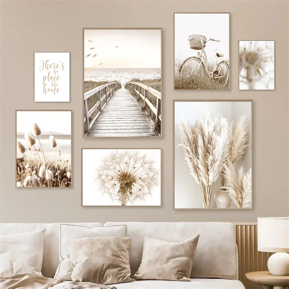 Beige Flower Grass Landscape Canvas Painting Dandelion Reed Wall Art Beach Scenery Posters And Prints Pictures Living Room Decor