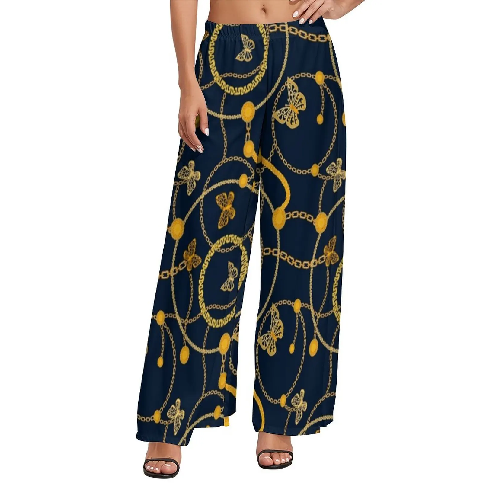 

Прямые брюки с принтом цепей, офисные широкие брюки с золотыми бабочками, женские уличные брюки большого размера на заказ
