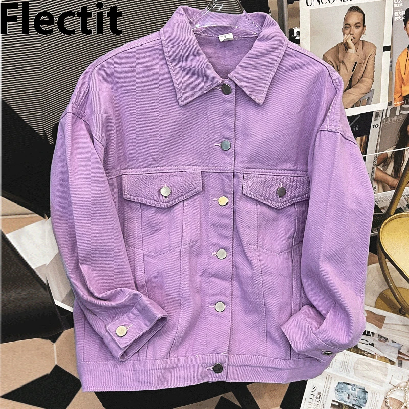 

Flectit Women's Denim Jacket Relaxed Fit Casual Jeans Jacket in Purple Spring Summer Laides Outfit