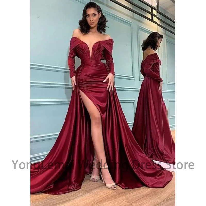 

Arabic Off Shoulder Full Sleeve Ruffles Pleats Long Party Occasion Gowns Prom Dresses Gorgeous Burgundy Red Split Evening Dress