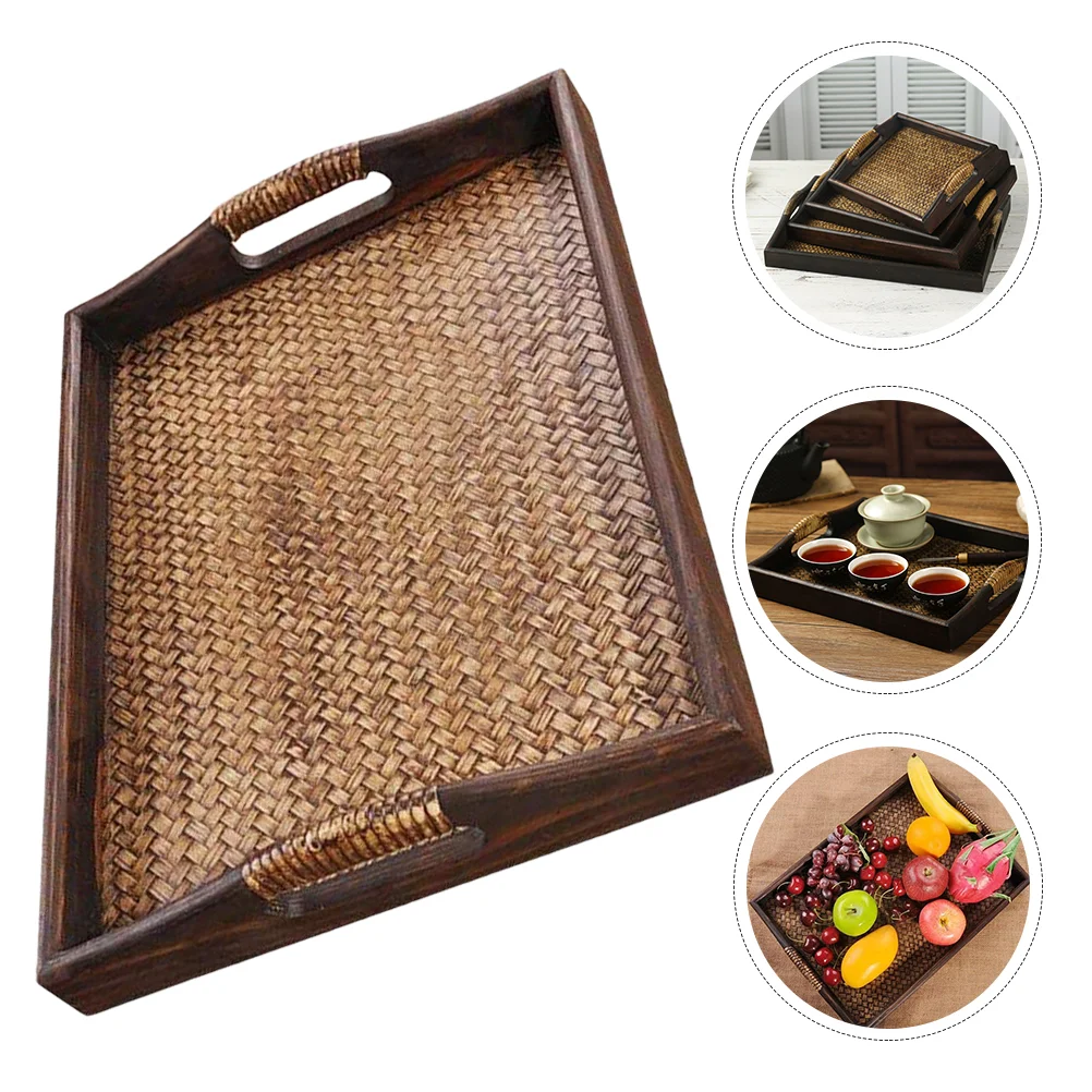 

1pc Retro Rectangular Tray Rattan Woven Tray Simple Practical Tea Plate