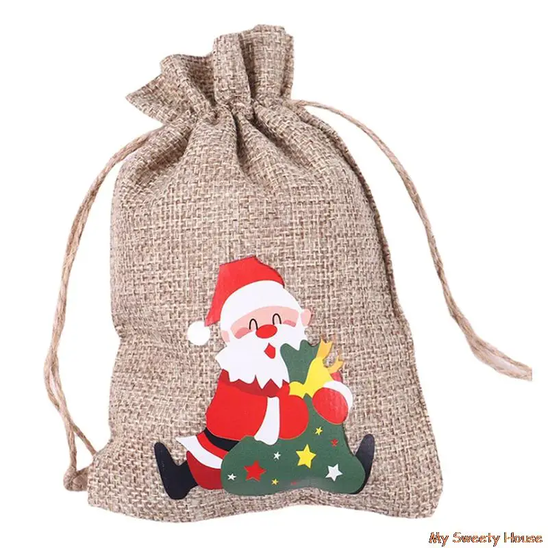 

1pc 10x15cm Santa Claus Elk Bells Small Bear Drawstring Natural Burlap Bag Jute Gift Bag Cotton Linen Christmas Print Gift Bag