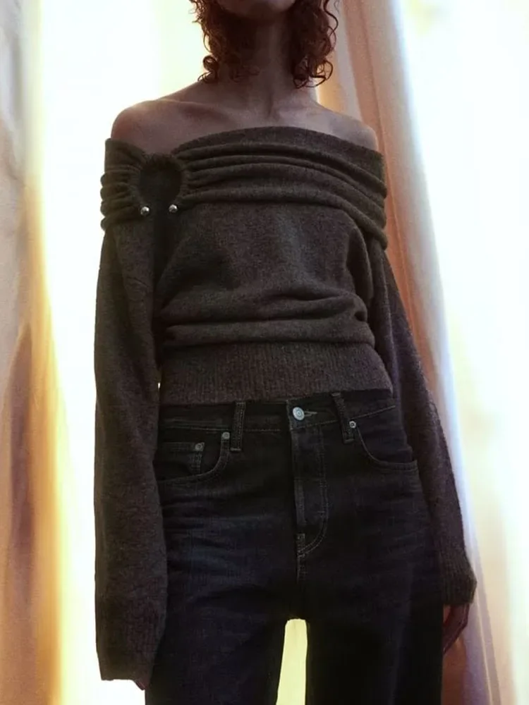 

Women's Sweater Vintage Folds Knitted Sweater for Lady Elegant Slash Neck Pullover Chic Unique Neckline Design Long Sleeve Tops