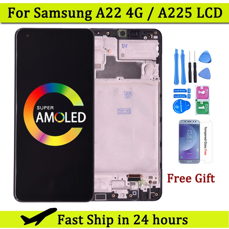Super AMOLED For Samsung Galaxy A22 4G LCD For Samsung A225 A225F SM-A225F/DS LCD Display Frame Touch Digitizer Screen A225 LCD