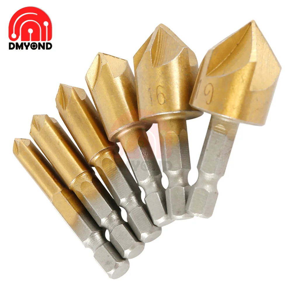 

6pcs Countersink Drill Bit Set 1/4'' Hex Shank HSS 5 Flute Countersink 90 Degree Wood Chamfering Cutter Chamfer 6mm-19mm