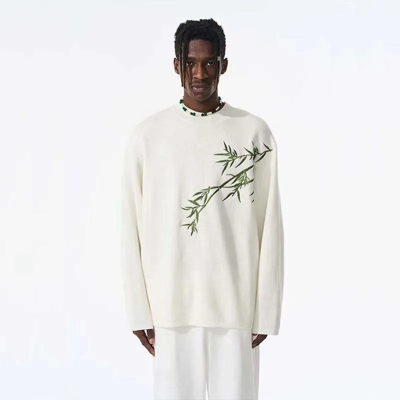 2023 Spring Autumn Thermal Sweater Men's Round Neck Chinese Style Green Bamboo Embroidered Wool Casual Loose Knitted Sweater Men