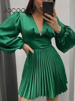 jocoo jolee elegant green pleated women mini dress v neck solid color lantern sleeve zipper dresses 2022 spring chic clothes