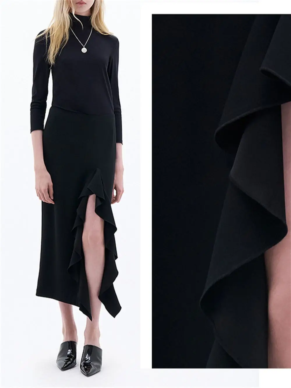 

Women High Waist Slit Ruffled Trim Dress French Fashion Comfortable A-Line Fishtail Long Jupe