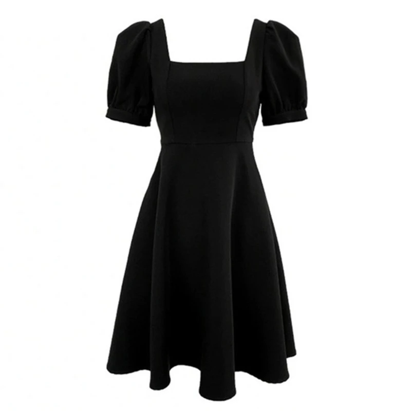 

Women Vintage Puff Short Sleeve Square Neck Midi Long Swing Dress Simple Solid Color Empire Waist A-Line Flowy Clubwear