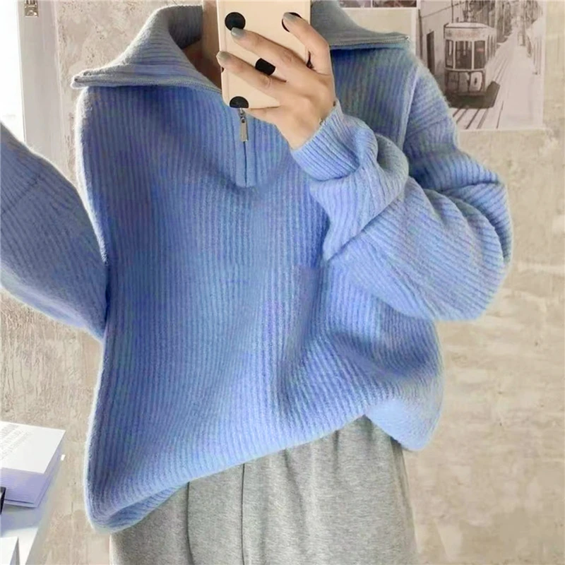 Women's Turtleneck Zippers Fashion Women Sweaters Solid Green Blue Pullover Long Sleeve Casual Knitted Sweater Woman Winter 2023 images - 6