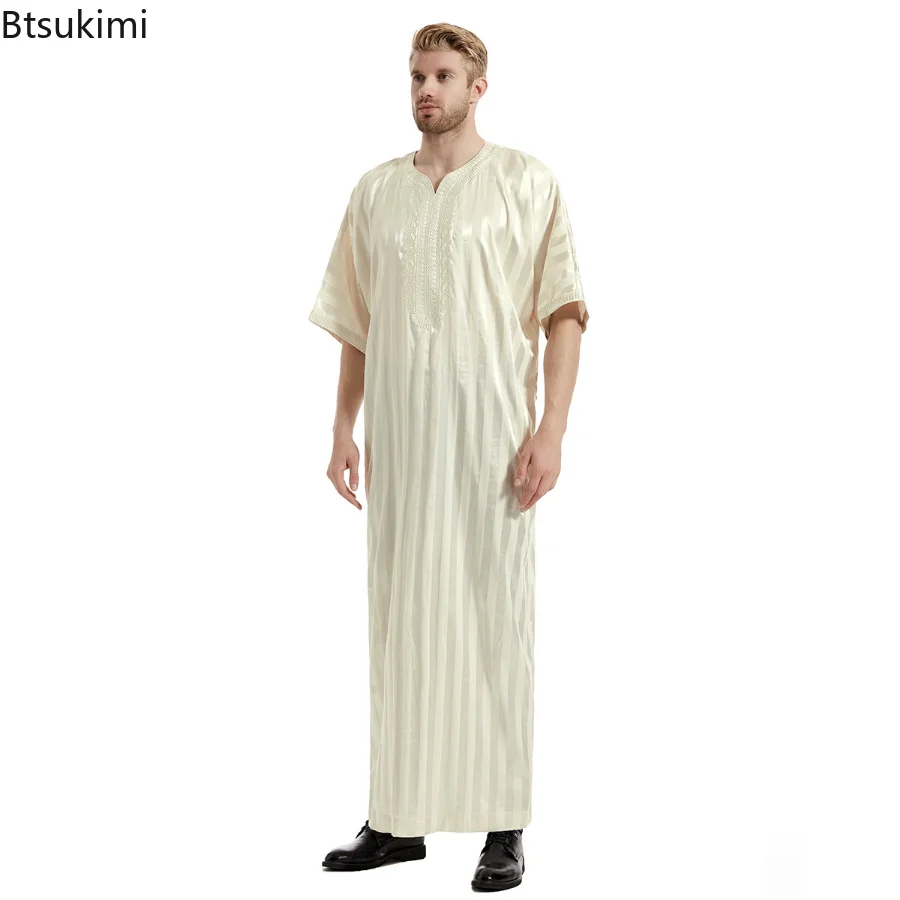 Ramadan Muslim Men Jubba Thobe Solid Color Kimono Middle Sleeve Robe Saudi Musulman Stand Collar Islamic Arabic Kaftan Men Abaya