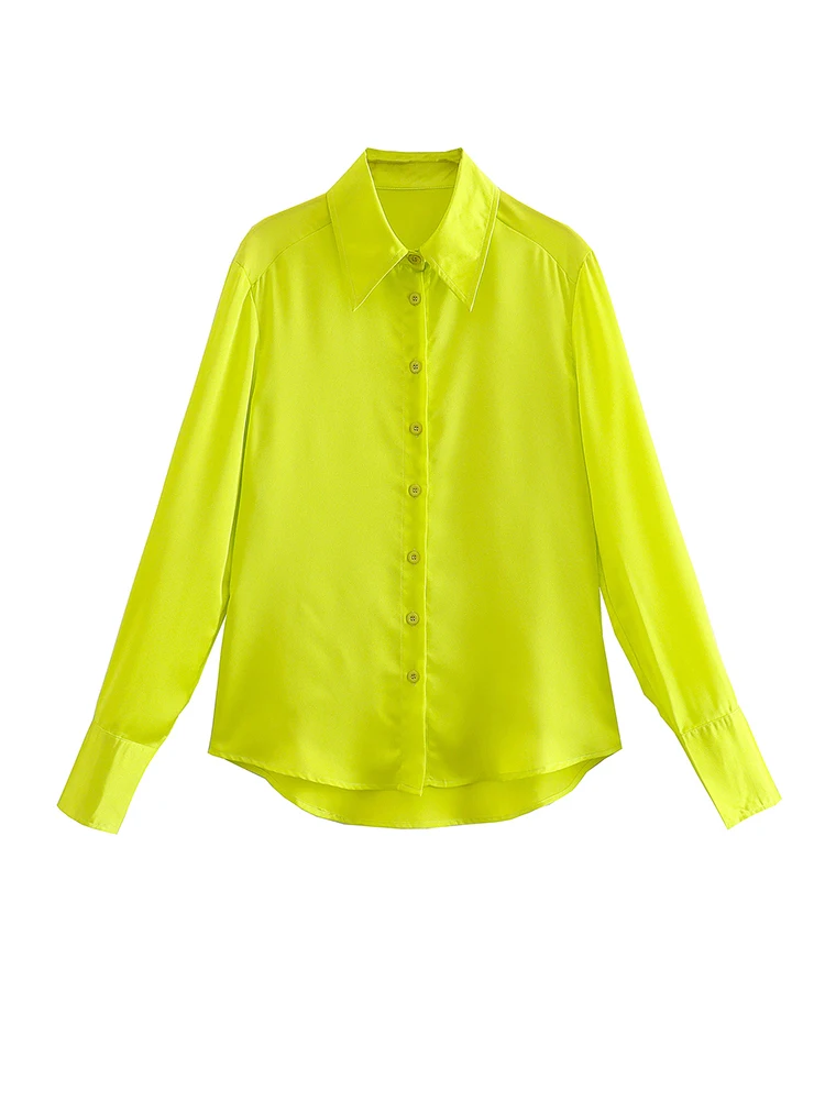 

Women Yellow Satin Shirts Long Sleeve Single Breasted Blouses Office Lady Tops 2022 blusas chemise femme