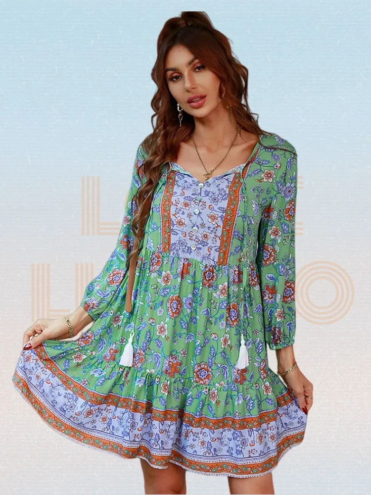 

Print Long Sleeve Boho Dress Women Sexy V-neck Casual Holiday Short Dress Spring Summer Beach Sundress Viscose A-line Dress