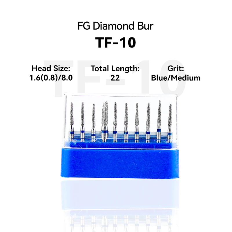 

10pcs Dental Clinic Products TF-10 172-016M Diamond Bur FG High Speed 1.6（0.8）/8.0 22.0 Blue Medium Intra-oral Tools Material