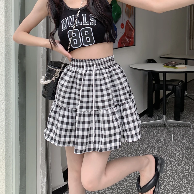 

COIGARSAM Women Skirt Summer New High Waist Black Grid Skirts Dropshipping
