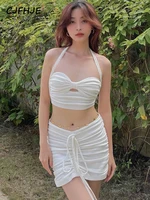 cjfhje solid pleated strapless crop top ruched sexy mini dress 2 pcs set sexy skinny 2022 summer party beach combination cute