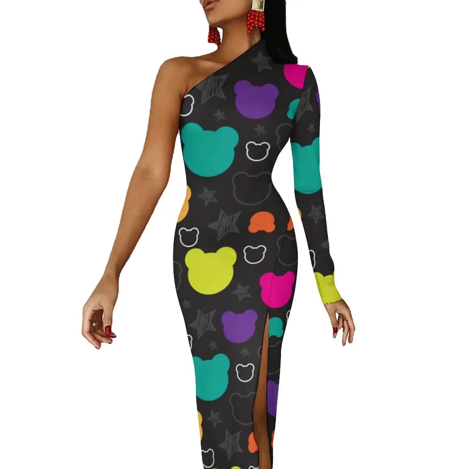 

Colorful Bear Head Shape High Slit Bodycon Dress Female Adorable Bears Vintage Maxi Dress Streetwear Print Dresses Birthday Gift