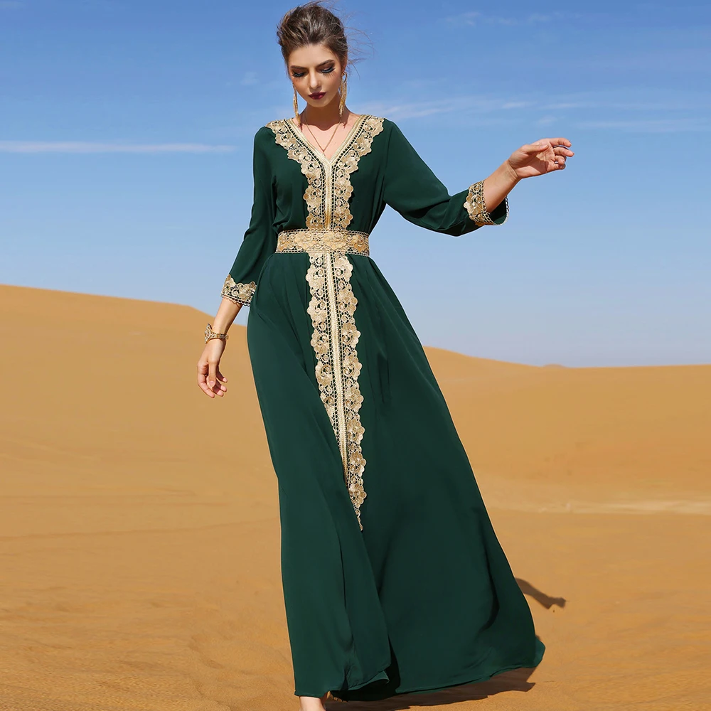 Muslim Woman Dress Moroccan Caftan Marocain Dark Green Embroidered Lace Elegant Vintage Vacation Gorgeous Middle Eastern Dress