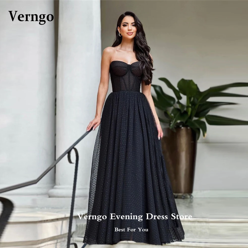 

Verngo Modern Sweetheart A Line Polka Dotted Tulle Black Prom Dresses Long 2023 Vestido de fiesta Floor Length Evening Gowns
