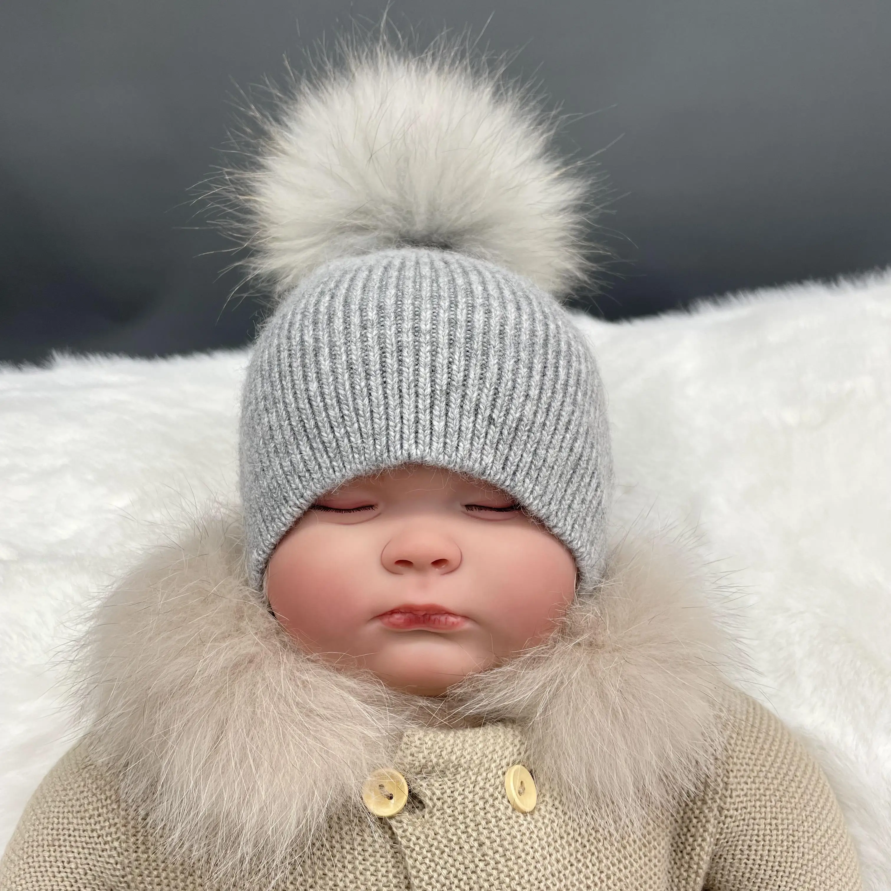 

MISSJANEFUR Newborn Beanie Hat Angora 2022 Soft Warm Mother Baby Real Fur Pom Pom Cap Outdoor Child Girl Boy Winter Bobble Hats