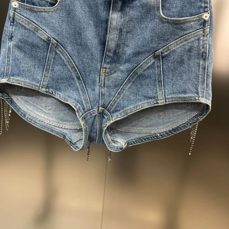 2023 Summer Denim Shorts Heavy Industry Diamond Tassel Back Pocket Stitching Slimming European Style Street Fashion Jeans Shorts