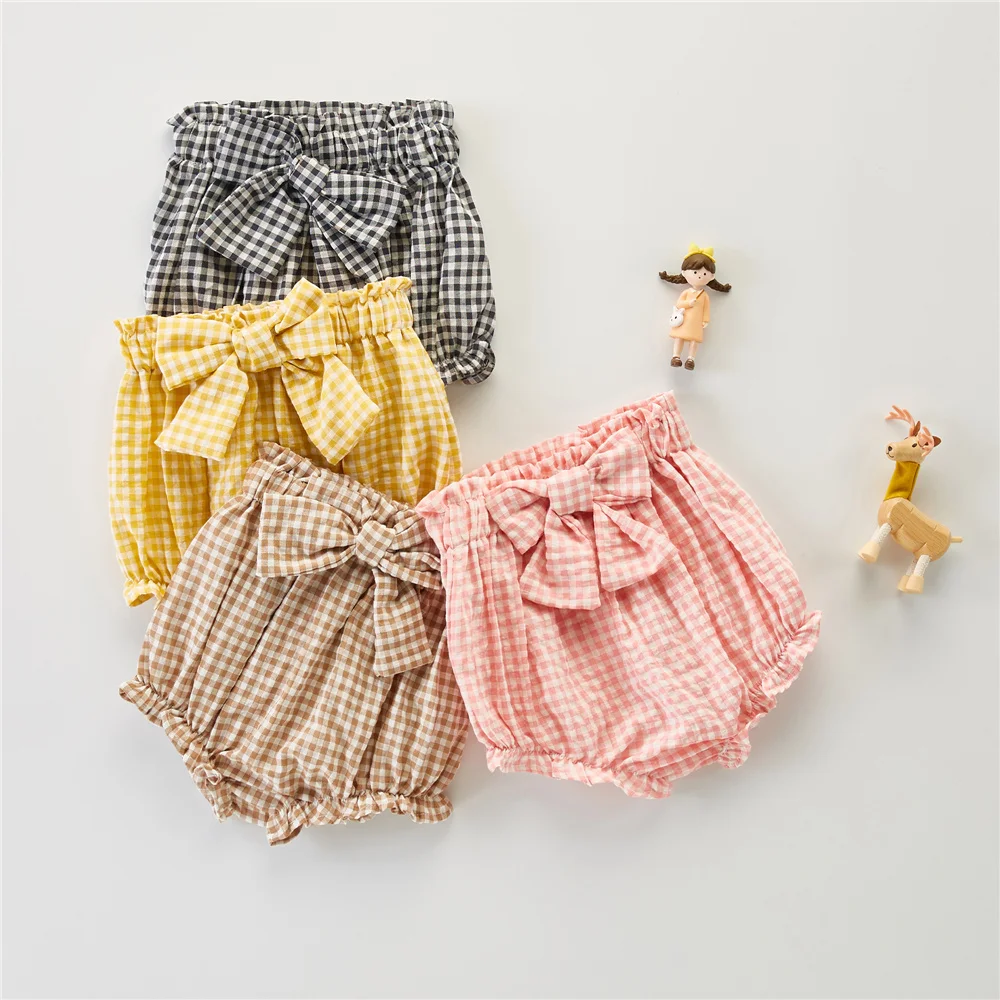 

3 Months-4 Years Baby Girls Plaid Bow Ruffle Ruched Stretchy Shorts High Waist Briefs Toddler Kids e Pants Clothes Summer